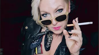 Smoker Mummy Looks So Hot And Sexy In Her Leather Jacket On Bare Skin*Sun Glasses*Pink Lip Stick*Cork*Creamy White Smoke*Milf*