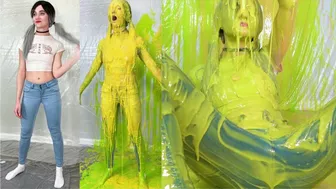 Misses Blasted With Slime In Jeans And White T-Shirt