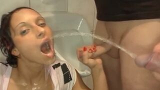 Skinny Slut Drinking Pee And Got Gangbang Fucked In The Toilet